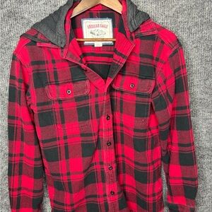 American Eagle Red & Black Plaid Hooded Shirt with Gray Label